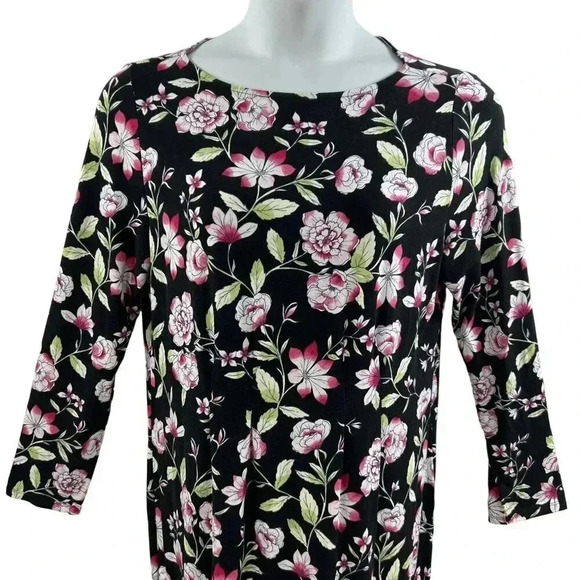 J. Jill Wearever Collection L Black Floral Print Dress 3/4 Sleeve Hiking Lagon - Picture 3 of 12